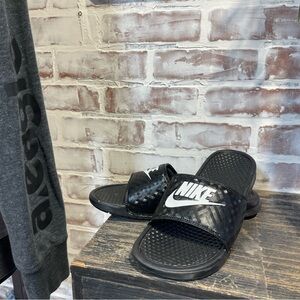 Nike Black Slide Sandals with White Logo mens 9